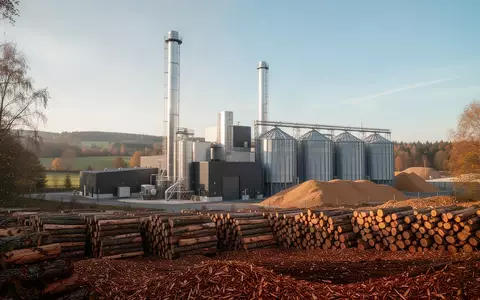 Ein modernes Biomasseheizwerk mit Holzlagern und Schornsteinen in einer herbstlichen Landschaft. - Foto: über boerse-global.de