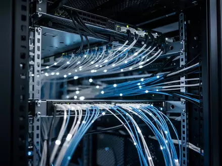 Nahaufnahme einer organisierten Verkabelung in einem Server-Rack mit kühler, bläulicher Beleuchtung. - Foto: über boerse-global.de