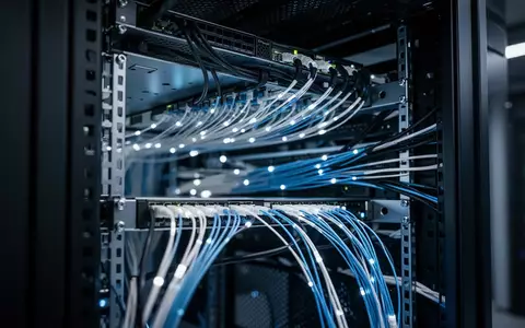 Nahaufnahme einer organisierten Verkabelung in einem Server-Rack mit kühler, bläulicher Beleuchtung. - Foto: über boerse-global.de