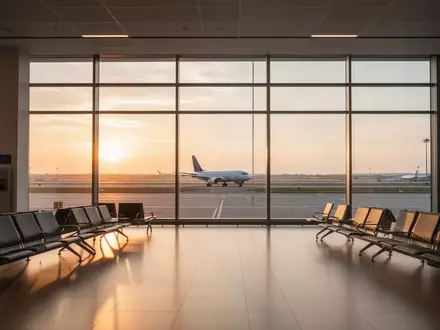 Ein moderner Flughafen-Abflugbereich bei Sonnenuntergang mit Blick auf das Rollfeld, ohne Personen oder Text. - Foto: über boerse-global.de