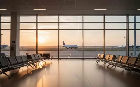 Ein moderner Flughafen-Abflugbereich bei Sonnenuntergang mit Blick auf das Rollfeld, ohne Personen oder Text. - Foto: über boerse-global.de