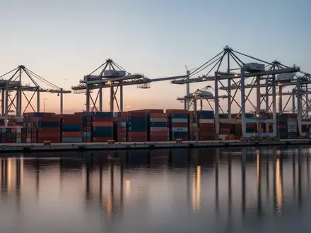 Moderne Containerterminals in einem Hafen mit gestapelten Containern und Portalkränen bei Dämmerung. - Foto: über boerse-global.de
