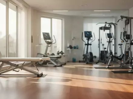 Ein moderner, heller Raum für Physiotherapie und Rehabilitation mit Sportgeräten in einer ruhigen, klinischen Umgebung. - Foto: über boerse-global.de