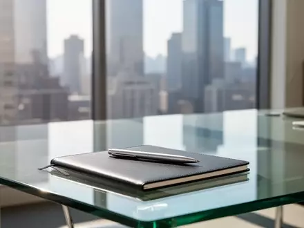 Ein minimalistischer, heller Arbeitsplatz in einem modernen Büro mit einem leeren Notizbuch und einem Stift auf einem Schreibtisch. - Foto: über boerse-global.de