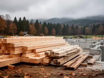 Eine Baustelle für ein Wohnbauprojekt mit gestapelten Holzbaustoffen und Betonfundamenten bei bewölktem Himmel. - Foto: über boerse-global.de