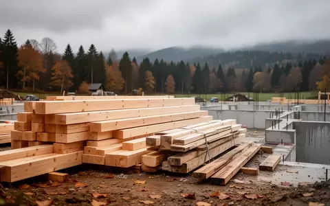 Eine Baustelle für ein Wohnbauprojekt mit gestapelten Holzbaustoffen und Betonfundamenten bei bewölktem Himmel. - Foto: über boerse-global.de