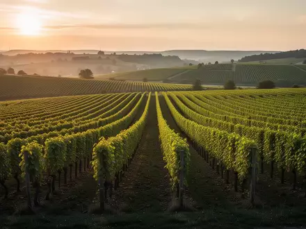 Weitläufige Weinberge in der hügeligen Landschaft des Kaiserstuhls bei Sonnenuntergang. - Foto: über boerse-global.de