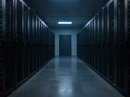 Ein minimalistischer, dunkel gehaltener Serverraum mit metallischen Rack-Schränken und bläulicher Beleuchtung. - Foto: über boerse-global.de