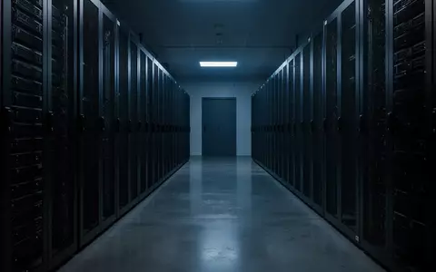 Ein minimalistischer, dunkel gehaltener Serverraum mit metallischen Rack-Schränken und bläulicher Beleuchtung. - Foto: über boerse-global.de