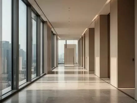 Moderner, minimalistischer Flur in einem gehobenen Wohngebäude mit bodentiefen Fenstern und hellem Tageslicht. - Foto: über boerse-global.de