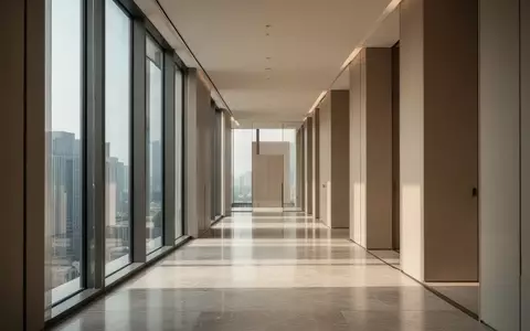Moderner, minimalistischer Flur in einem gehobenen Wohngebäude mit bodentiefen Fenstern und hellem Tageslicht. - Foto: über boerse-global.de