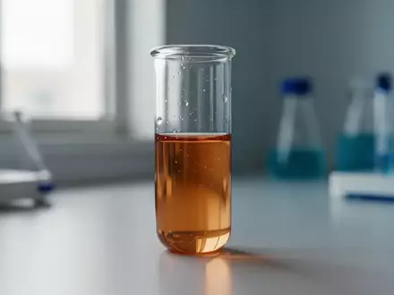 Ein medizinisches Probenröhrchen mit einer klaren Flüssigkeit auf einem Labortisch zur Veranschaulichung der Biomarker-Forschung. - Foto: über boerse-global.de