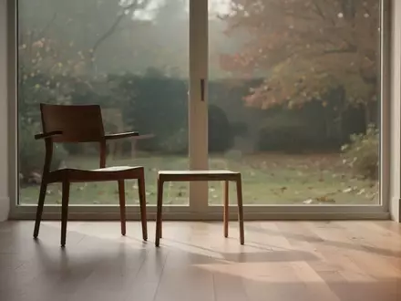 Ein sonnendurchflutetes Wohnzimmer mit einem leeren Stuhl vor einem Fenster, das den Blick auf einen ruhigen Garten freigibt. - Foto: über boerse-global.de