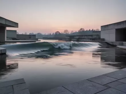 Eine künstliche Flusswelle in einer Betonbecken-Anlage bei Dämmerung ohne Personen. - Foto: über boerse-global.de