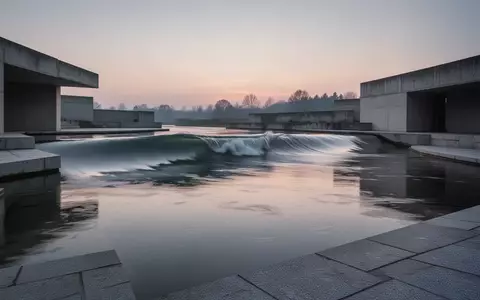 Eine künstliche Flusswelle in einer Betonbecken-Anlage bei Dämmerung ohne Personen. - Foto: über boerse-global.de