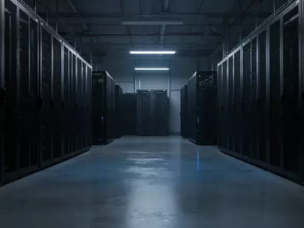 Dunkler, steriler Serverraum mit metallischen Rack-Gehäusen und blauem Umgebungslicht auf einem glatten Betonboden. - Foto: über boerse-global.de