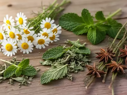 Frische Kamillenblüten und getrocknete Kräuter auf einer rustikalen Holzoberfläche - Foto: über boerse-global.de