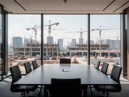 Moderner Konferenzraum mit Blick auf eine städtische Baustelle mit Kränen. - Foto: über boerse-global.de