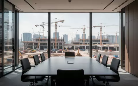 Moderner Konferenzraum mit Blick auf eine städtische Baustelle mit Kränen. - Foto: über boerse-global.de