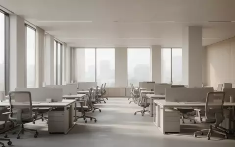 Ein minimalistisch gestalteter, leerer Büroarbeitsplatz mit moderner Architektur und hellem Tageslicht. - Foto: über boerse-global.de