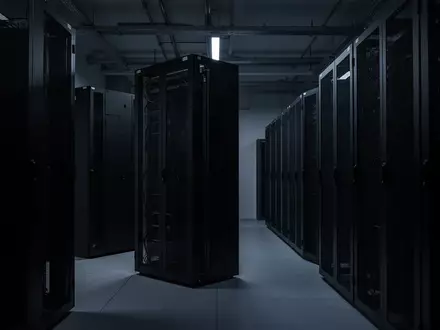 Dunkler, minimalistischer Serverraum mit unbeschrifteten Serverschränken in kühlem, blauem Licht. - Foto: über boerse-global.de