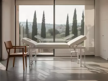 Ein minimalistischer, sonnendurchfluteter Behandlungsraum in einer modernen Klinik mit Blick auf eine ruhige Landschaft. - Foto: über boerse-global.de