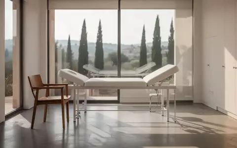 Ein minimalistischer, sonnendurchfluteter Behandlungsraum in einer modernen Klinik mit Blick auf eine ruhige Landschaft. - Foto: über boerse-global.de
