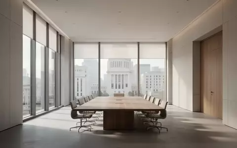 Ein minimalistischer, moderner Besprechungsraum in einem Regierungsgebäude mit hellem Tageslicht und einem leeren Tisch. - Foto: über boerse-global.de