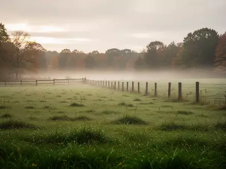 Weite, morgendliche Weidelandschaft mit nebligem Gras und einem Holzzaun unter einem bewölkten Himmel. - Foto: über boerse-global.de