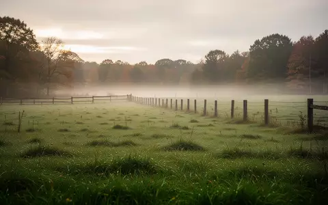 Weite, morgendliche Weidelandschaft mit nebligem Gras und einem Holzzaun unter einem bewölkten Himmel. - Foto: über boerse-global.de