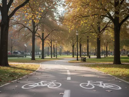 Ein sonniger, asphaltierter Radweg in einem ruhigen Stadtpark mit herbstlichen Bäumen. - Foto: über boerse-global.de