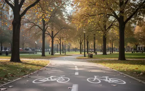 Ein sonniger, asphaltierter Radweg in einem ruhigen Stadtpark mit herbstlichen Bäumen. - Foto: über boerse-global.de