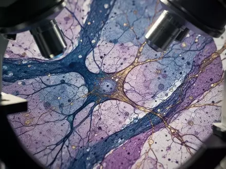 Nahaufnahme eines biologischen Gewebeschnitts unter einem Mikroskop mit komplexen neuronalen Strukturen. - Foto: über boerse-global.de