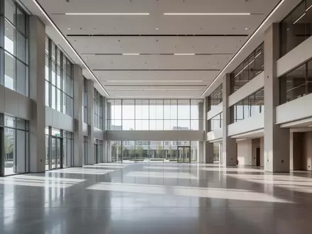 Weite, minimalistische Architektur einer modernen Firmenhalle mit hohem Deckenaufbau und natürlichem Lichteinfall. - Foto: über boerse-global.de