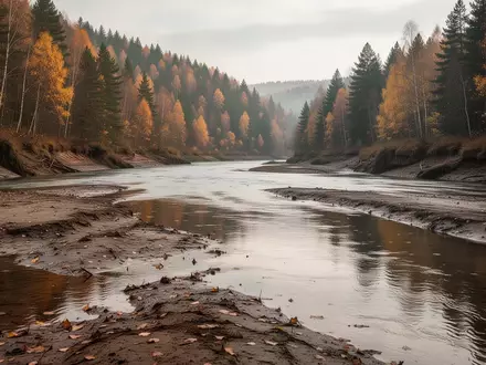 Ein bei Niedrigwasser freiliegendes, schlammiges Flussufer an einem herbstlichen Flusslauf in einer Waldlandschaft. - Foto: über boerse-global.de