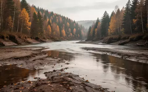 Ein bei Niedrigwasser freiliegendes, schlammiges Flussufer an einem herbstlichen Flusslauf in einer Waldlandschaft. - Foto: über boerse-global.de