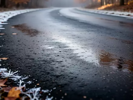 Eine nah aufgenommene, nasse Asphaltstraße mit ersten Frostspuren an einem kalten Herbstmorgen. - Foto: über boerse-global.de
