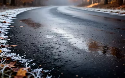Eine nah aufgenommene, nasse Asphaltstraße mit ersten Frostspuren an einem kalten Herbstmorgen. - Foto: über boerse-global.de