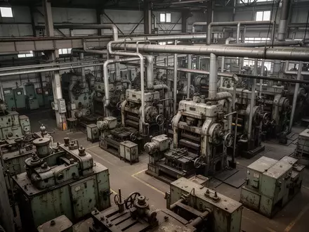 Dunkle, weitläufige Industriehalle mit schweren Produktionsmaschinen und komplexen Rohrleitungssystemen. - Foto: über boerse-global.de