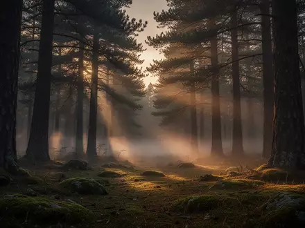 Ein nebliger, atmosphärischer Wald bei Dämmerung mit dichtem Baumbestand und einfallendem Licht. - Foto: über boerse-global.de