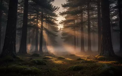 Ein nebliger, atmosphärischer Wald bei Dämmerung mit dichtem Baumbestand und einfallendem Licht. - Foto: über boerse-global.de
