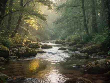 Ein ruhiger Wald mit einem fließenden Bach in natürlichem Licht. - Foto: über boerse-global.de