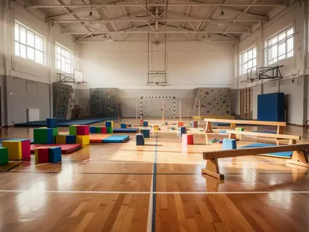 Eine leere Sporthalle mit aufgestellten Turngeräten und Hindernissen für Kinder aus Schaumstoff und Holz. - Foto: über boerse-global.de