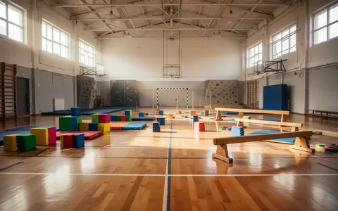 Eine leere Sporthalle mit aufgestellten Turngeräten und Hindernissen für Kinder aus Schaumstoff und Holz. - Foto: über boerse-global.de