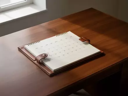 Ein leerer, aufgeräumter Schreibtisch mit einem ledergebundenen Kalender in sanftem Tageslicht. - Foto: über boerse-global.de