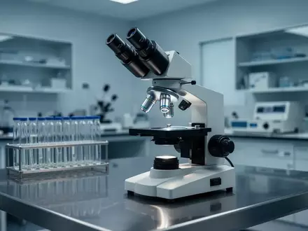 Ein steriles, modern ausgestattetes biomedizinisches Labor mit einem Lichtmikroskop auf einem Edelstahltisch. - Foto: über boerse-global.de