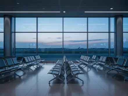 Ein moderner, menschenleerer Flughafen-Warteraum mit großen Fensterfronten bei Dämmerung. - Foto: über boerse-global.de