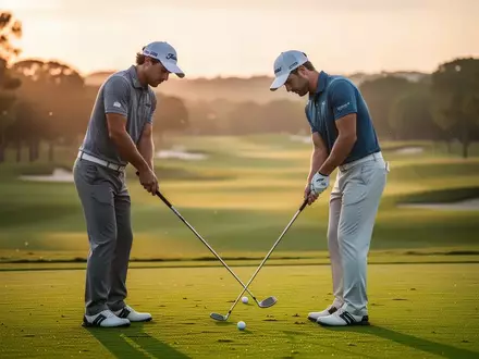 Konzentrierter Golfer in Abschlagposition auf einem grünen Golfplatz bei Sonnenuntergang. - Foto: über boerse-global.de