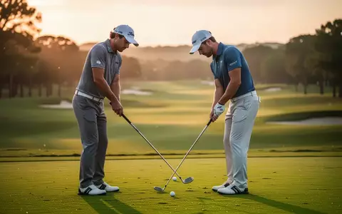 Konzentrierter Golfer in Abschlagposition auf einem grünen Golfplatz bei Sonnenuntergang. - Foto: über boerse-global.de