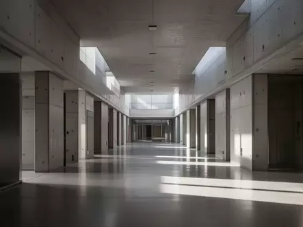 Leeres, architektonisch minimalistisches Foyer eines modernen Verwaltungsgebäudes mit Betonwänden und einfallendem Tageslicht. - Foto: über boerse-global.de